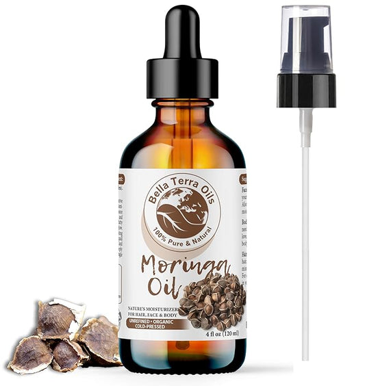 Bella Terra Oils - Organic Moringa Oil 4oz - The Power of Pure Premium Organic Moringa, Fortified with Vitamin A & C, Enhancing Skin's Natural Brilliance