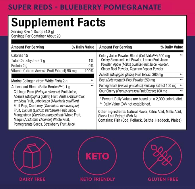 Perfect Keto Super Reds Superfood Powder, Antioxidants Supplement with Fruit & Vegetable Powder, Polyphenols & Marine Collagen, Drink Mix for Skin & Energy Support, Blueberry Pomegranate, 20 Servings