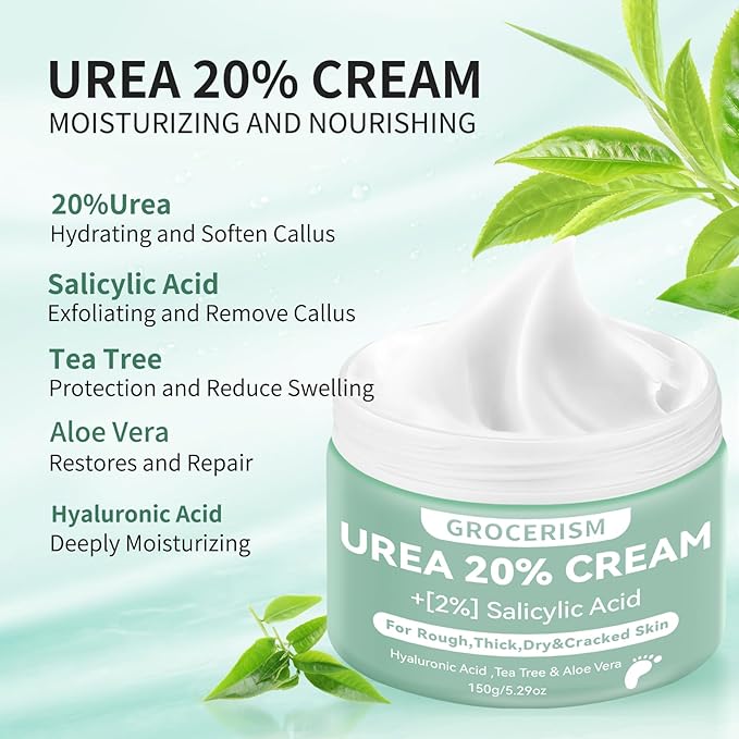 2 Packs Urea Cream 20% Plus 2% Salicylic Acid 5.3oz || Foot Cream Maximum Strength with Hyaluronic Acid, Tea Tree and Aloe Vera for Deep Moisturizes, Callus Remover and Soften