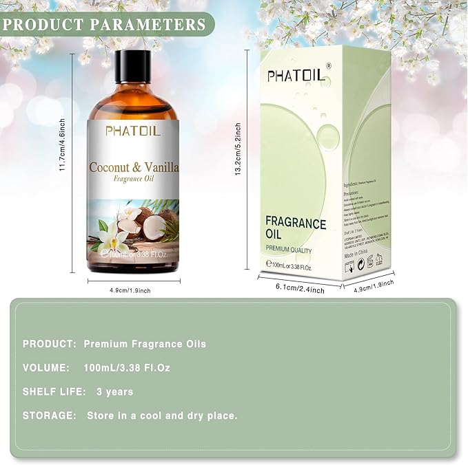 3.38FL.OZ Coconut & Vanilla Fragrance Oils for Aromatherapy, Essential Oils for Diffusers for Home, Perfect for Diffuser, Yoga, DIY Candle and Soap Making - 100ml