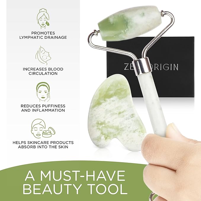 Jade Roller and Gua Sha Set - 100% Natural Jade Stone Face Roller, Dual Sided Massage Roller Stimulates Blood Flow, Relieves Stress, Reduces Signs of Aging, Travel Pouch Included, Gift Box