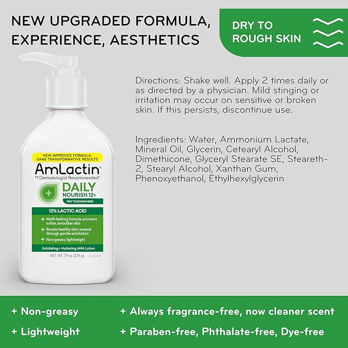 AmLactin Daily Moisturizing Lotion for Dry Skin, 7.9 oz Pump Bottle, 2-in-1 Exfoliator - Body Lotion with 12% Lactic Acid, Dermatologist-Recommended (Packaging May Vary)