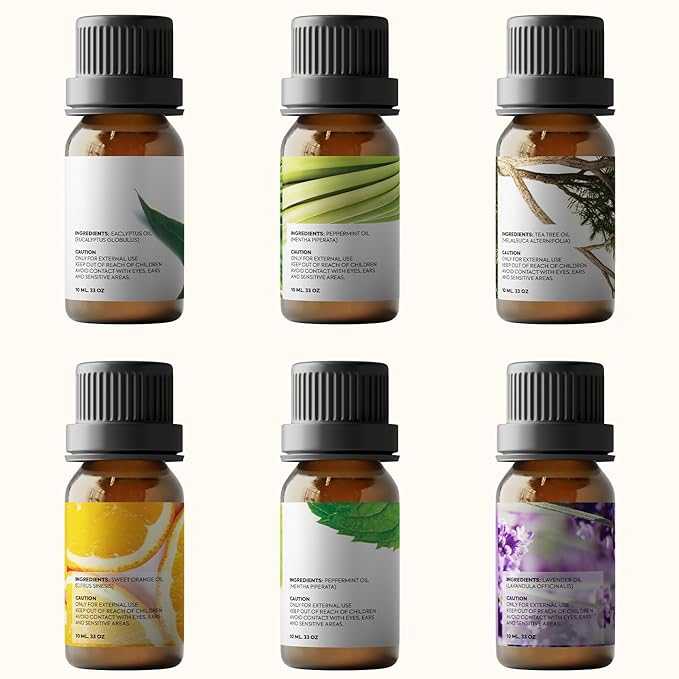 Essential Oils Set by Pure Aroma - Top 6 Aromatherapy Oils Gift Set-6 Pack, 10ml (Eucalyptus, Lavender, Lemongrass, Sweet Orange, Peppermint, Tea Tree)