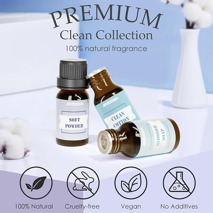 Clean Essential Oils Set, ARVIDSSON Natural Fragrance Oil for Diffuser, Soap Making - Clean Cotton, Fresh Linen, Lemongrass, Soft Powder, Blossom Soap