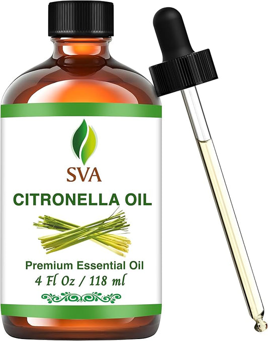 SVA Citronella Essential Oil – 4 Fl Oz – 100% Natural Citronella Oil - for Diffuser, Hair Care, Face, Skin Care, Aromatherapy, Scalp and Body Massage, Soap and Candle Making - with Dropper