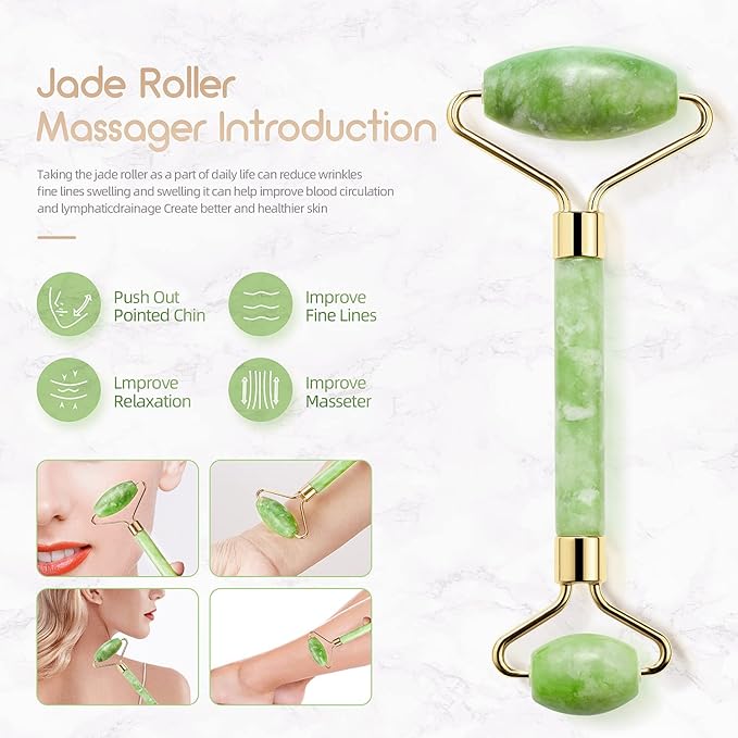 3-in-1 Natural Stone Jade Roller and Gua Sha Set for Face and Eye Ice Roller Facial Cooling Massage Roller
