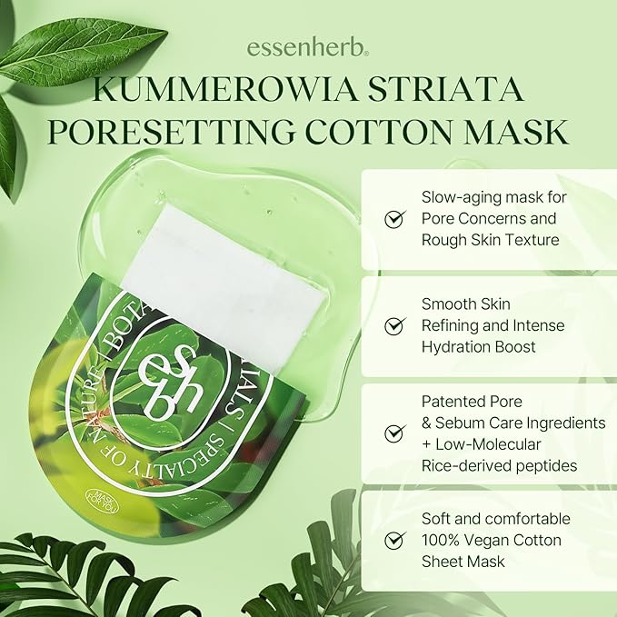 Kummerowia Striata Poresetting Cotton Mask, Pore & Sebum, Vegan, Korean Skin Care Face Mask 23g*5 sheets