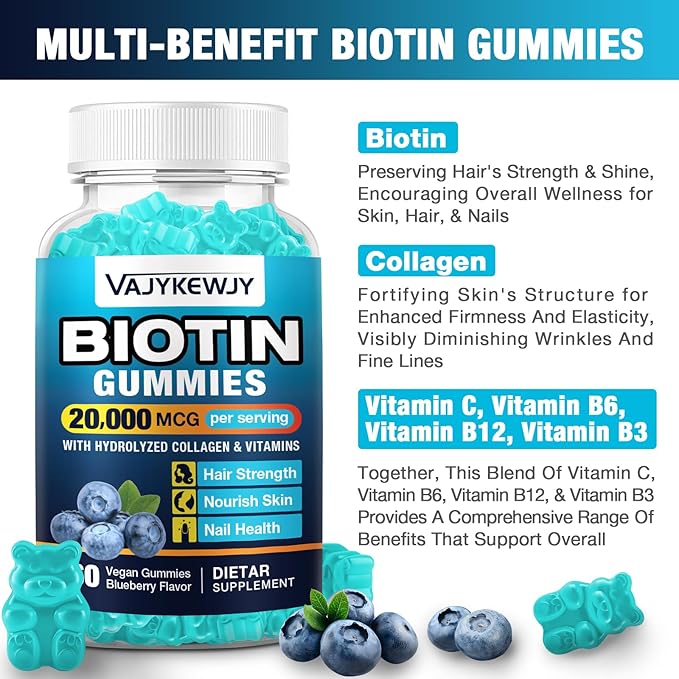 Vegan Biotin Gummies for Hair, Skin & Nails - 20,000 mcg per Serving, Suitable for Women & Men - 60 Gummies