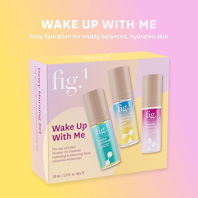Fig.1 Dewy Morning, Daily Hydration Skincare Gift Set - Travel & Trial Size - Includes Micellar Oil Cleanser (30ml), Hydrating & Balancing Toner (30ml) & Ceramide Moisturizer (30ml)