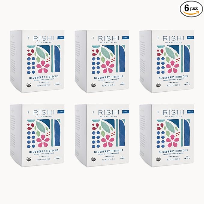 Rishi Tea Blueberry Hibiscus Herbal Tea - Organic, Caffeine Free Sachet Bags, Sweet & Tangy with Antioxidants, Enjoy Hot or Iced - 15 Count (Pack of 6)