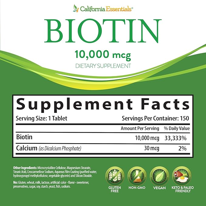 California Essentials Biotin 10000mcg – Hair Growth Vegetarian Vitamins B7 Supports Healthy Hair, Skin, and Nail Growth – Dietary Supplement for Men & Women of All Hair Types (150 Tablets)