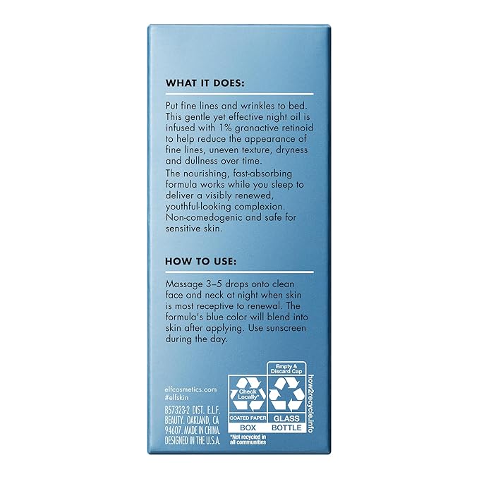 e.l.f. SKIN Youth Boosting Blue-ty Sleep Night Oil, Gentle Overnight Face Oil, Treats Fine Lines & Uneven Texture, Lightweight, Vegan & Cruelty-Free