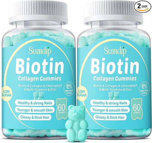 Biotin Gummies, Biotin 10,000mcg with Collagen Gummies for Hair Growth, Chlorophyll, Vatimin A, B6, B12, C, D, E, Vegan Natural Hair Skin and Nails Gummies for Men Women - 2 Packs