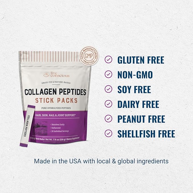 Live Conscious Collagen Peptides Powder Unflavored Packets - Hydrolyzed Collagen Powder - Hair, Skin, Nail, & Joint Support - Type I & III Grass-Fed Collagen Supplements for Women and Men - Pack of 20