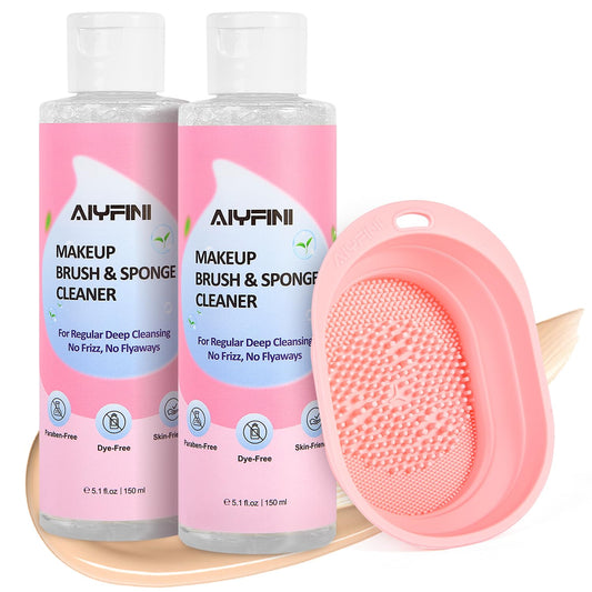 Alyfini Makeup Brush Cleaner Solution + Scrub Basin Combo, Removes Tough Stain on Make Up Brushes Set/Sponge/Puffs, Deep Clean Inner Bristles from Waterproof Foundation/Concealer, 10.2 Fl Oz/300 ml