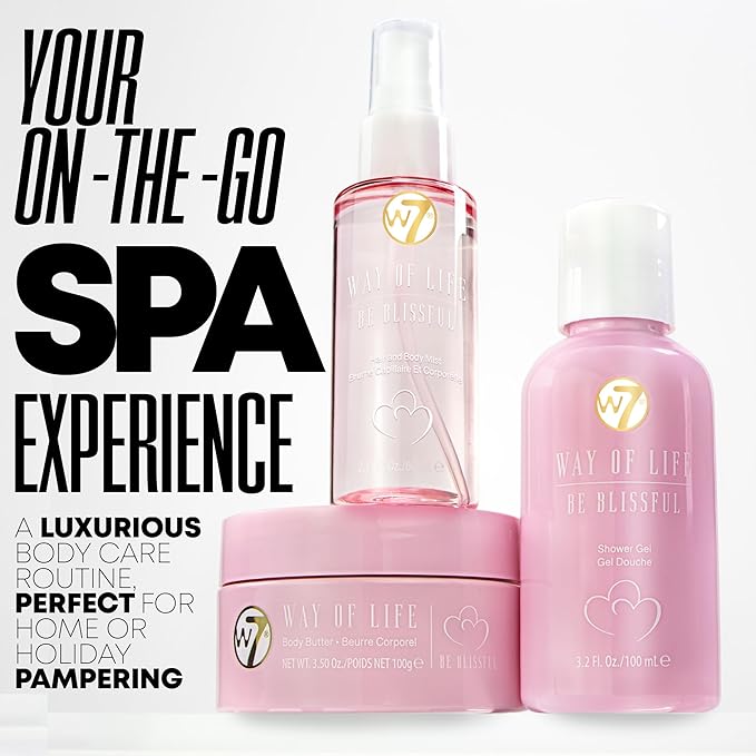 W7 VAY-CAY Be Blissful - Travel Size Skincare Set | Carry On Luggage Essentials: Shower Gel & Body Wash, Body Butter & Body Mist | Energizing & Hydrating Body Care for Glowing Skin