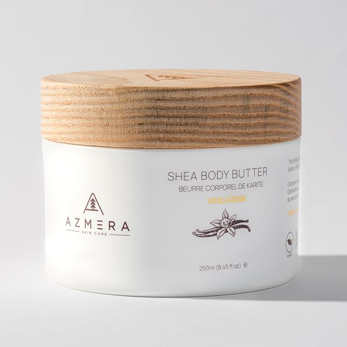 AZMERA Shea Body Butter - Organic Body Butter for Women & Men Dry Skin Rich in Antioxidants & Vitamin E - Vegan Shea Butter Moisturizer, Raw Shea Butter from Africa (Vanilla Bean, 250ML)