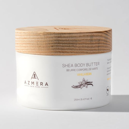 AZMERA Shea Body Butter - Organic Body Butter for Women & Men Dry Skin Rich in Antioxidants & Vitamin E - Vegan Shea Butter Moisturizer, Raw Shea Butter from Africa (Vanilla Bean, 250ML)