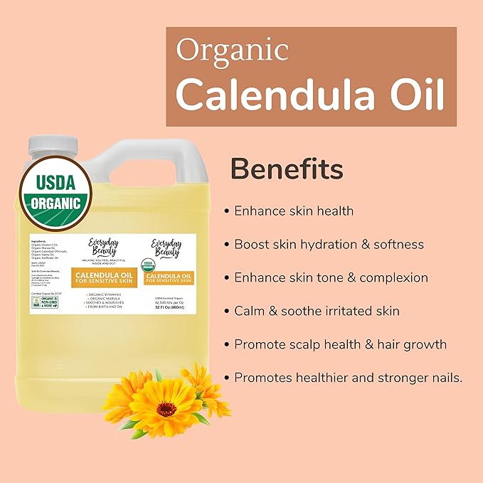 Organic Calendula Oil For Sensitive Skin -Bulk 32 Fl Oz- USDA Organic Certified 100% All Natural Plant Based, Lightweight & Unscented Gentle Soothing Oil For Sensitive Skin - For Face, Skin & All Over
