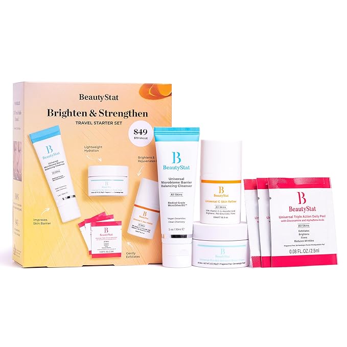 BeautyStat Brighten & Strengthen Daily Travel Starter Kit: 10ml Universal C Skin Refiner, 10ml Probiotic Moisture Boost Cream, 30ml Microbiome Purifying Cleanser, (3) Triple Action Daily Peels