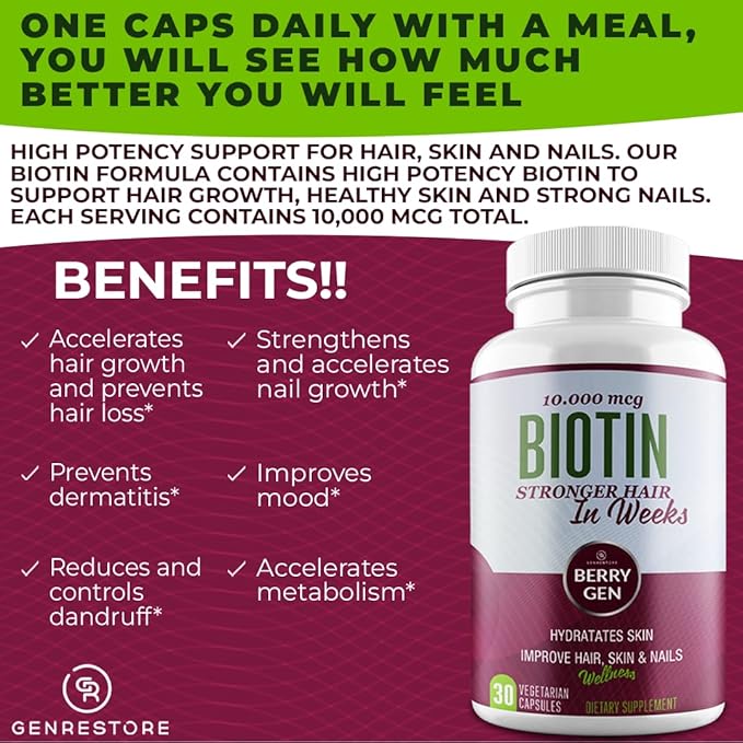 Berry Gen Biotin Supplement 10000 mcg Vegetarian Capsules - Support Hair Health & Growth, Help Heal Skin & Reduce Wrinkles and Moisturize Skin, Hair, and Nails - 30 Count (2)