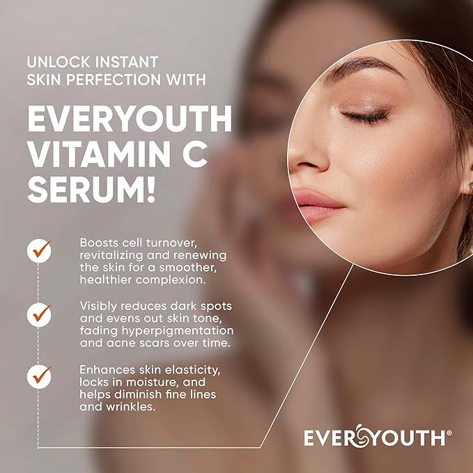 Vitamin C Serum 20%, Anti Aging Stem Cell Serum for Face with Hyaluronic Acid, Collagen Peptides, Vitamin E, Korean Skin Care Brightening Dark Spot Corrector for Wrinkles, Age Spots & Fine Lines, 1 oz