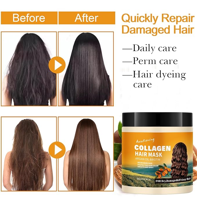 Collagen Hair Mask & Treatment – Deep Conditioner for Dry, Damaged, Frizzy, or Curly Hair – Repairing & Hydrating Care with Biotin, Argan Oil & Collagen – Paraben-Free, 16.9 Fl Oz