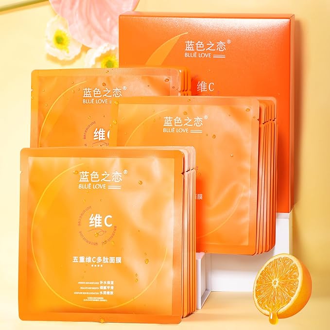 BLUE LOVE 10-Pack Vitamin C Facial Masks for Women Man – Deeply Hydrating & Firming Sheet Masks for Daily Skin Care, Enriched with Essential Vitamins for Radiant Skin