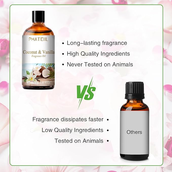 3.38FL.OZ Coconut & Vanilla Fragrance Oils for Aromatherapy, Essential Oils for Diffusers for Home, Perfect for Diffuser, Yoga, DIY Candle and Soap Making - 100ml