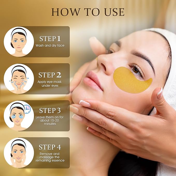 Gold Infused Eye Patches - 24K Gold Eye Masks for Dark Circles, Puffy Eyes, and Wrinkles, Anti-Aging Treatment with Collagen & Hyaluronic Acid, Deep Hydration & Firming (60 Pcs)