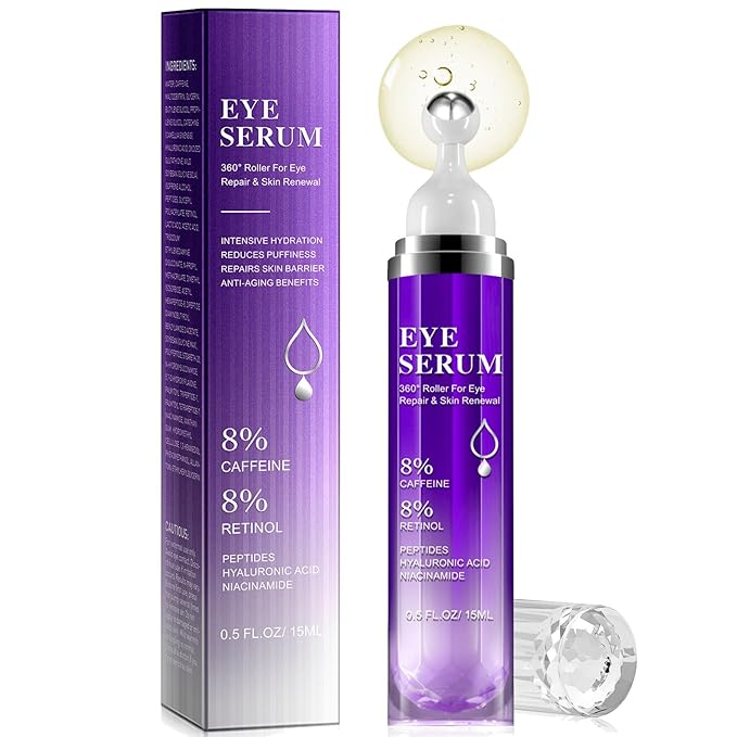 Eye Serum for Dark Circles and Puffiness, Under Eye Cream Anti Aging for Puffiness and Bags with 360° Eye Roller Massage Ball, Eye Serum with 8% Caffeine 8% Retinol for Women & Men