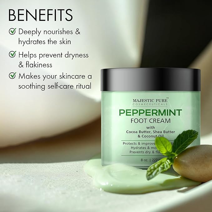 Majestic Pure Peppermint Foot Cream, Warming Cream - Calluses, Dry Cracked Feet, Hands, Heels, Elbow, Nails, and Knees - Softens & Moisturizes Skin - 8 oz