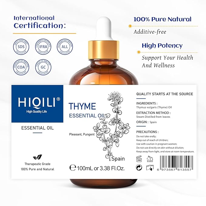 HIQILI 3.38 Fl Oz Thyme Essential Oil, 100% Pure Undiluted for Hair, Skin, Diffuser, Aromatherapy, Includes 10ML Travel Bottle - 100ML