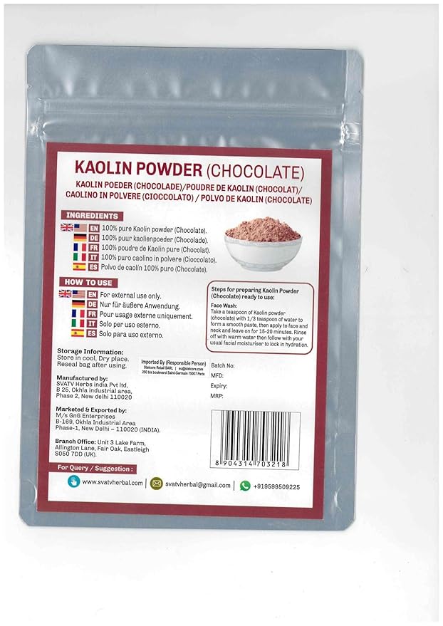 SVATV Kaolin Clay Chocolate Natural For Face Mask Herbal Skin Face Powder Makeup, Bath Bomb Clay, DYI Spa Mud Mask For Face & Hair & Soap Making For Men & Women 227g, Half Pound