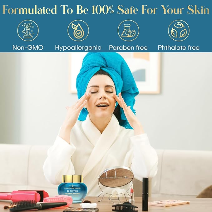 Hyaluronic Acid & Collagen De-Puffing Eye Cream - Reduces Under Eye Bags & Dark Circles, Hydrates - Dermatologist Tested, Korean Skin Care for All Skin Types - 1.0 Fl. Oz