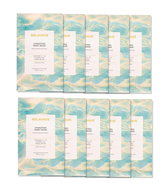 Solawave Hydrating Sheet Mask, Anti Aging Face Mask with Niacinamide, Hydrating Face Mask with Hyaluronic Acid, Moisturizing Face Masks (10 Pack)