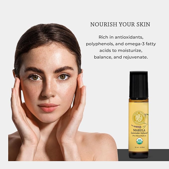 Silk Road Organic Marula Seed & Lavender Essential Oil, 100% Pure USDA Certified Aromatherapy, Deep Hydration for Face, Body, Lips, Hair, Nails - 10 ml Roller