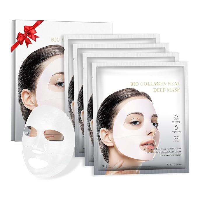 IREV Bio-Collagen Face Mask Deep Overnight Hydrating Face Mask for Wrinkles Selfcare Sheet Skin Care Facial Treatments & Masks for Women Firming and Moisturizing Elasticity Anti-Wrinkle 4 Pack