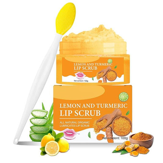 Turmeric Lemon Lip Scrub with Brush, Lip Scrubber Exfoliator for Dark Lips, Dry, Chapped Lips, Reduce Fine Lines, Natural Nourish Sugar Lip Scrub with Aloe Vera, Deep Hydration Moisturization 100g