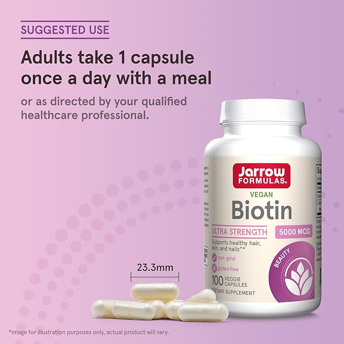 Jarrow Formulas Biotin Ultra Strength 5000 mcg, Dietary Supplement, Hair, Skin, and Nails Support, 100 Veggie Capsules, Up to 100 Day Supply