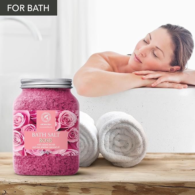 Rose Bath Salts 46 Oz - Natural Rosewood Oil & Rose Extract - Best for Relaxing - Good Sleep - Beauty - Bathing - Body Care - Wellness - Relax - Aromatherapy - Spa