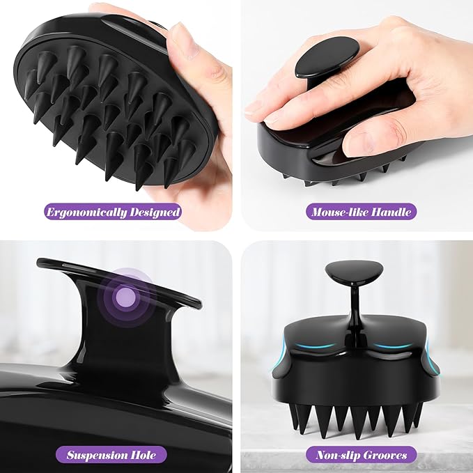 Scalp Massager Shampoo Brush with Soft Silicone Bristles for Hair Growth, Scalp Scrubber Head Massager for Dandruff Removal, Shower Hair Brush for Women Men Kids Wet Dry Hair, Black