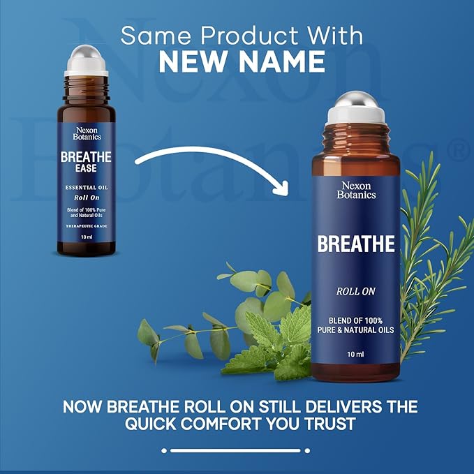 Breathe Essential Oil Roll-On Blend 10 ml - Pure Eucalyptus, Peppermint & Rosemary Oils Roller for Clear Breathing & Respiratory Support - Nexon Botanics
