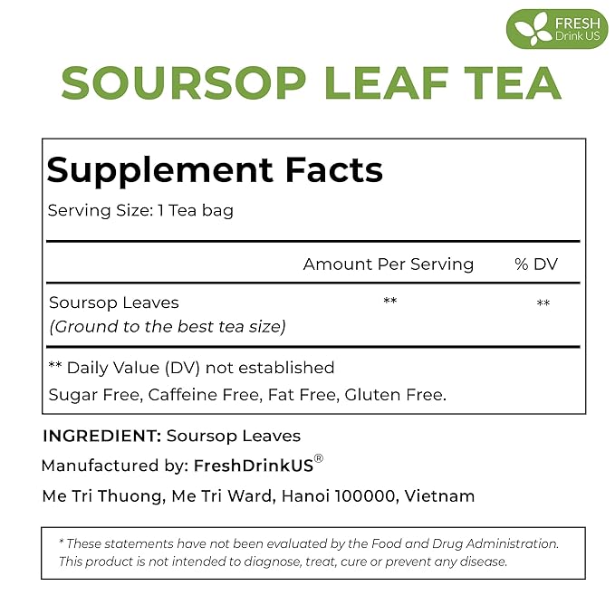 FreshDrinkUS, 105 Premium Soursop Graviola Leaf Tea Bags, The Finest Soursop Tea, 100% Natural and Pure, Handmade, Made With Natural Materials-Corn Fiber Tea Bag, Sugar/ Caffeine/ Gluten Free, Hoja Guanabana Tea