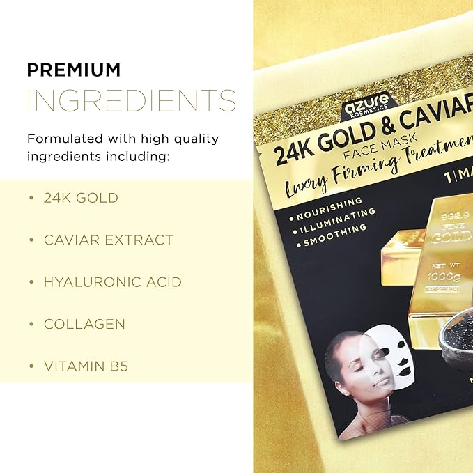 AZURE 24K Gold and Caviar Anti Aging Luxury Face Mask - Hydrating & Firming Facial Mask - Helps Reduce Wrinkles & Fine Lines - With Hyaluronic Acid & Collagen - Skin Care Made in Korea - 10 Pack