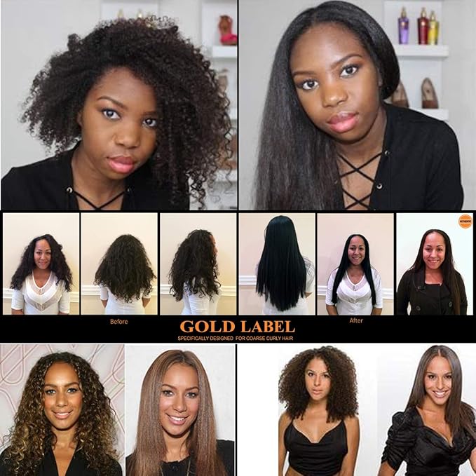 GOLD LABEL Brazilian Keratin Blowout Hair Treatment Super Enhanced Winning Formula All Hair Types & Colors Incl Blondes, Bleached, Coarse, Curly, Black African, Dominican Brazilian (4oz Kit)
