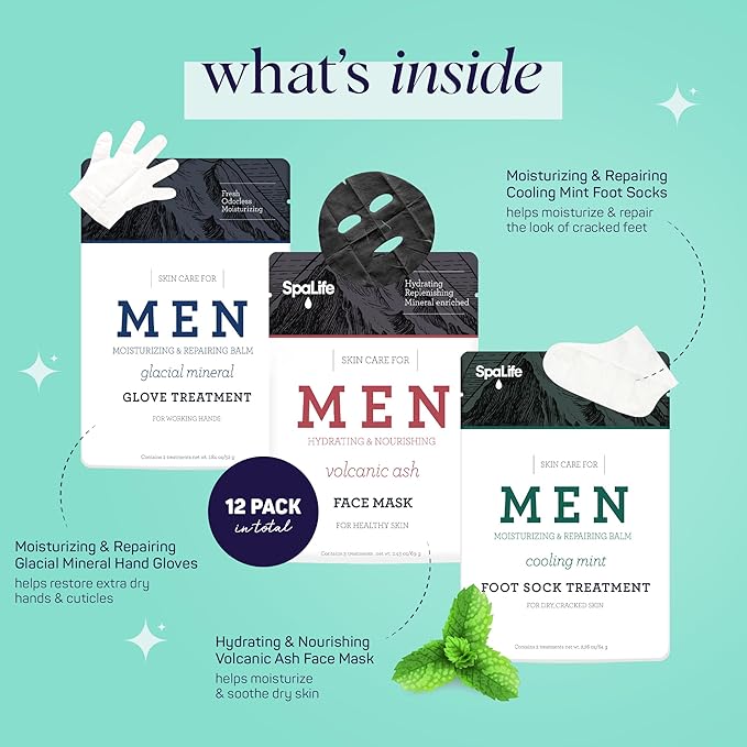 SpaLife Men's 12-Piece Spa Set: Repairing Hand Gloves for Dry Hands, Cooling Mint Foot Socks for Cracked Heels, and Moisturizing Face Mask Ultimate Men Grooming and Relaxation Gift Kit