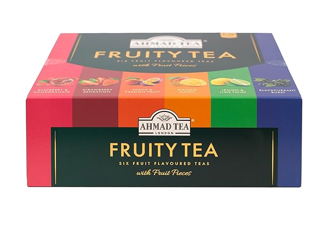 Ahmad Tea Black & Green Tea, Fruitytea Assorted Sampler Variety Gift Box, 60 Foil Teabags - Caffeinated & Sugar-Free
