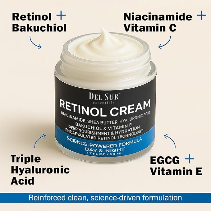 DEL SUR Retinol Cream for Face 50ml – Anti-Aging Night Moisturizer with Hyaluronic Acid, Bakuchiol & Niacinamide – Retinol Cream for Wrinkles, Fine Lines & Dark Spots 50ml