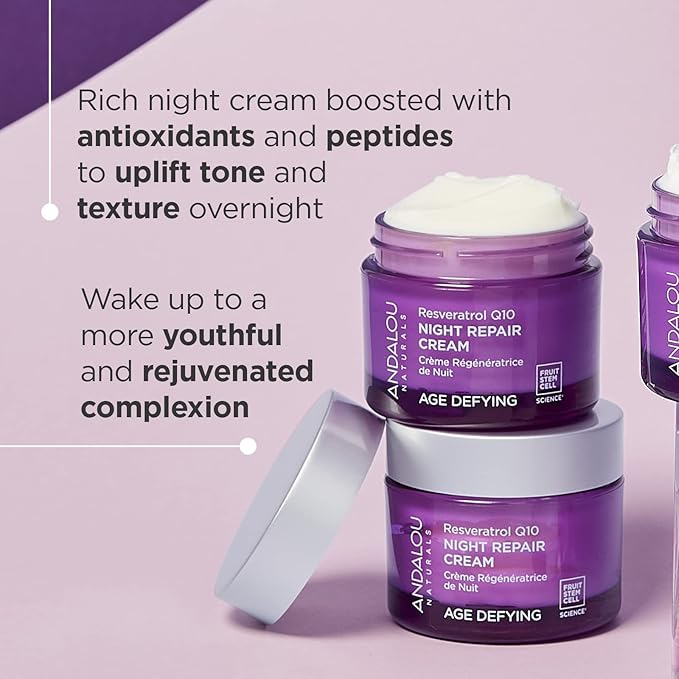 Andalou Naturals Resveratrol Q10 Night Repair Cream, For Dry Skin, Fine Lines & Wrinkles, For Softer, Smoother, Younger Looking Skin, 1.7 Ounce